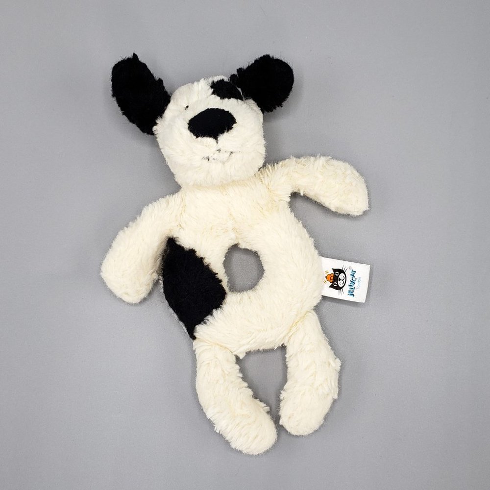 Jellycat Puppy Dog Plush Baby Grabber Ring Rattle 7” Infant Toy Black White